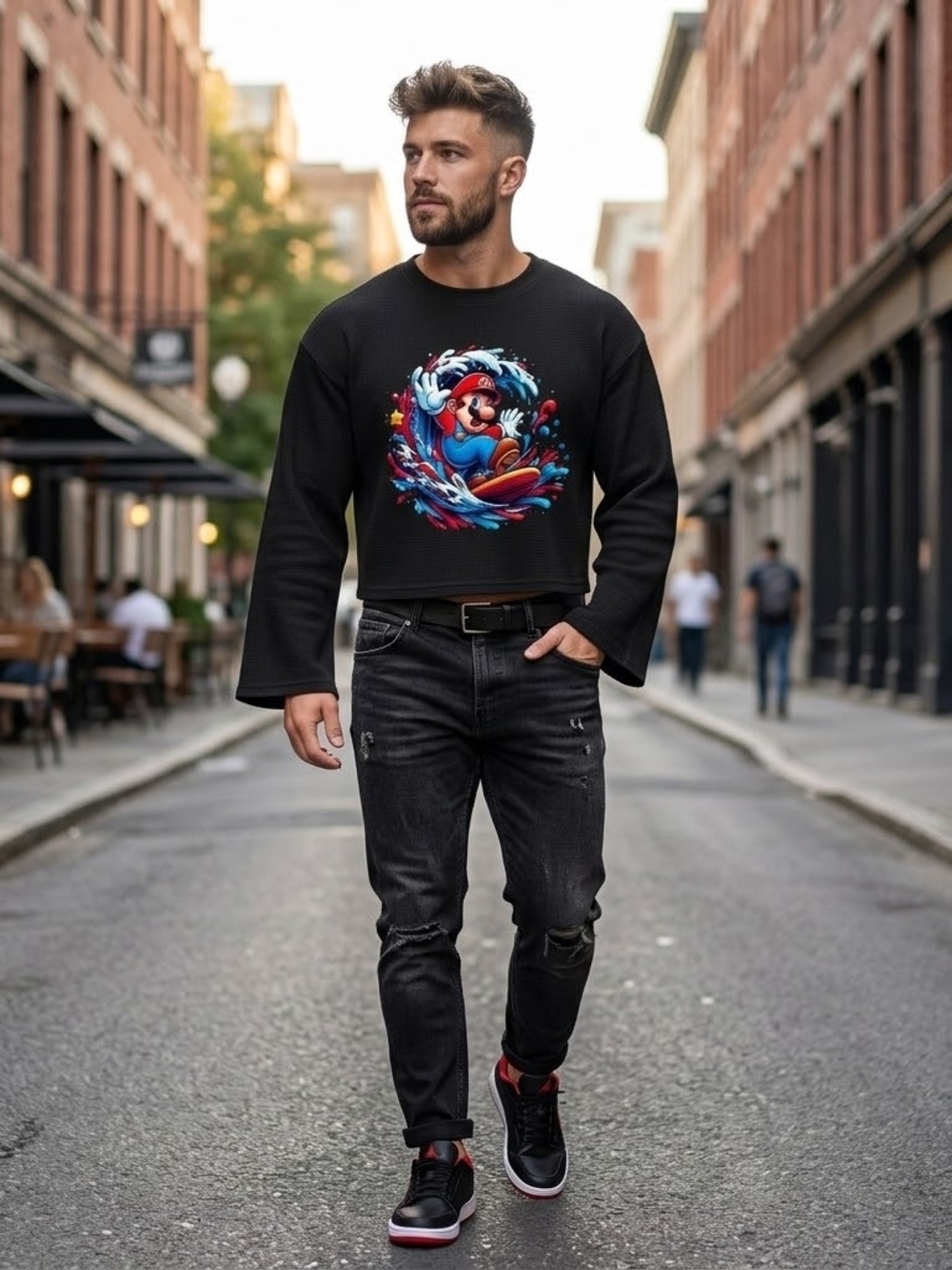 Black Graphic Crewneck Sweatshirt with Colorful Cartoon Print